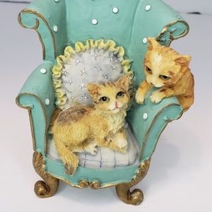 Ceramic Cats In Teal Chair Figurines